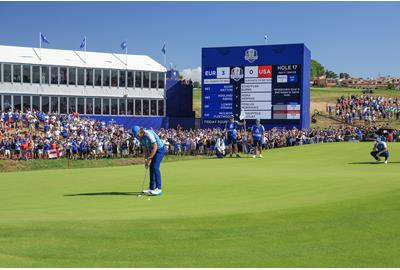 Tommy Fleetwood holes a vital putt for Team Europe in the foursomes on Friday.