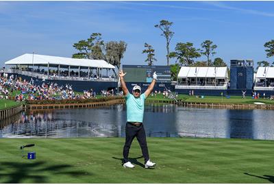 Ryan Fox celebrates his historic hole-in-one on the par-3 17th at TPC Sawgrass in the 2024 Players Championship.