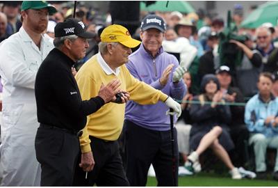 Gary Player, Jack Nicklaus, and Tom Watson perform their honorary starter duties at the 2024 Masters.