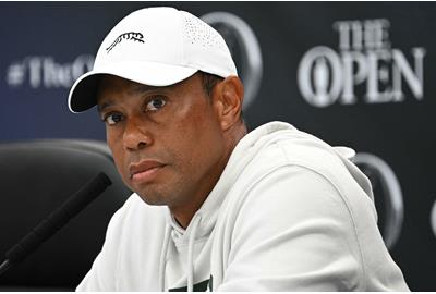 Tiger Woods addresses the media at the 152nd British Open at Royal Troon.