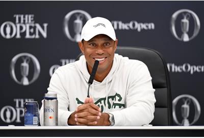 Tiger Woods speaking to the media at Royal Troon in advance of the 2024 British Open