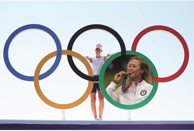 Nelly Korda poses with the Olympic rings in Paris as she looks to repeat the gold medal she won in Tokyo.