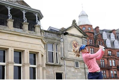 Brooke Henderson tees off during a practice round at St Andrews