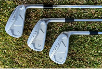 The backs of the TaylorMade P7CB 5, 7 and 9 irons.