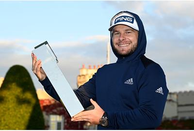 Tyrrell Hatton with the BMW PGA Championship trophy.