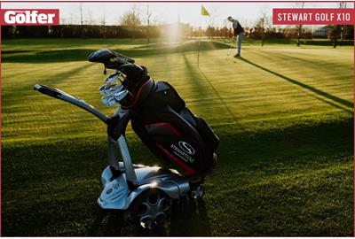 The new Stewart Golf X10 electric golf trolley, available in Remote and Follow models.